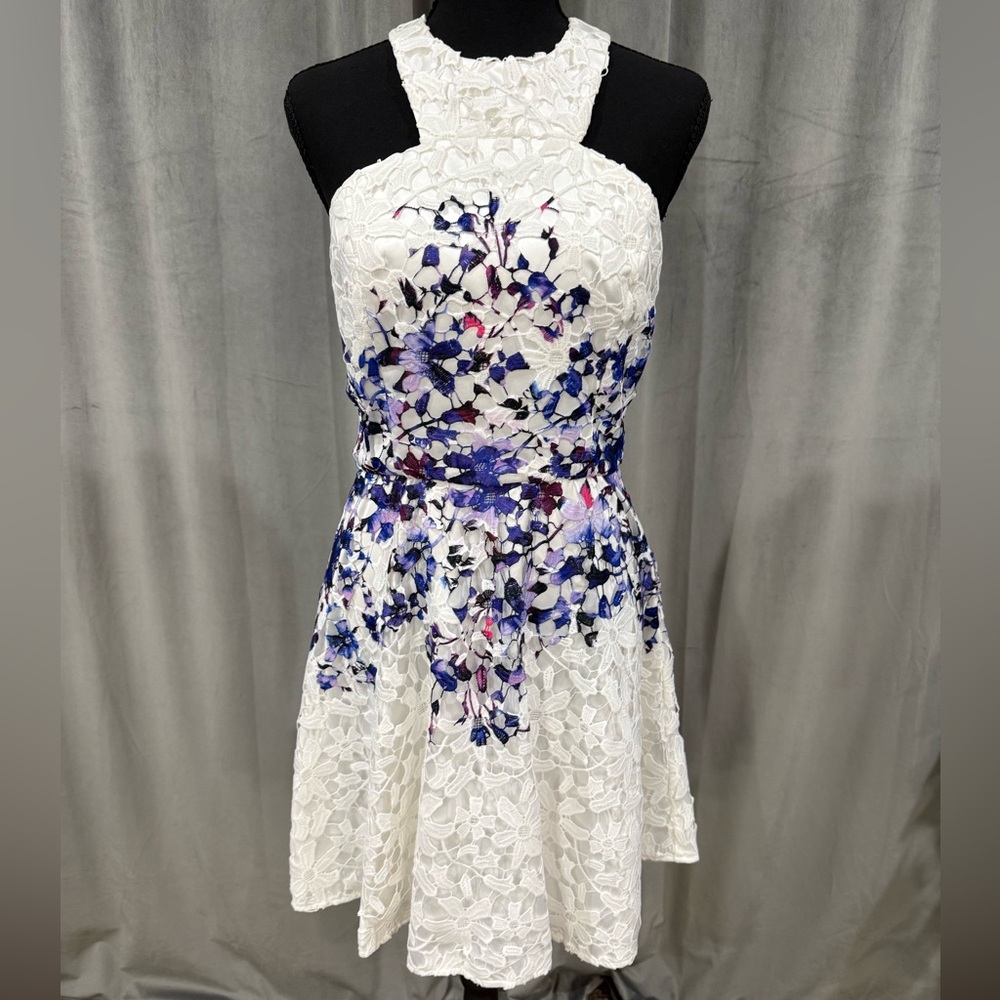 JAYGODFREY White Lace Dress with Blue and Purple Floral Design